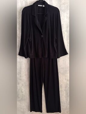 Chicos Travelers Womens Black 2pc Black Stretch Cardigan Sz3 Elastic Pants Sz2